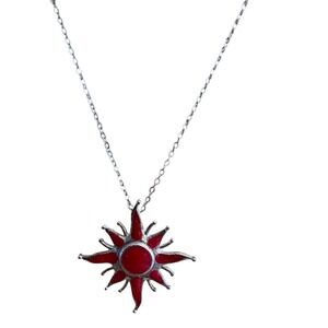 Celestial Red Enamel Sunburst Star Pendant Silver Tone Necklace
